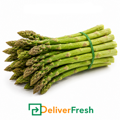 Bunch of asparagus tied with a green rubber band on a white background, with DeliverFresh