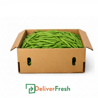 Box of green beans with 'Fresh Wholesale Vegetables' and 'Deliver Fresh'