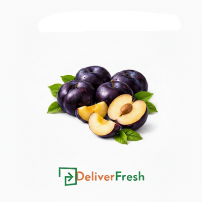 Black plums with a half-cut plum on a DeliverFresh.