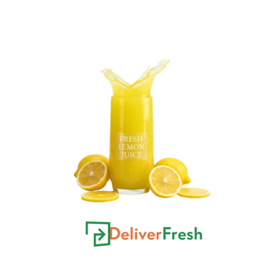 Bottle of lemon juice with lemons on a white background, featuring the DeliverFresh logo.