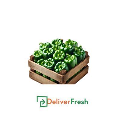 Box of green capsicums with 'Deliver Fresh'