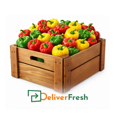 Wooden crate of mixed color peppers (10kg) with 'Deliver Fresh'