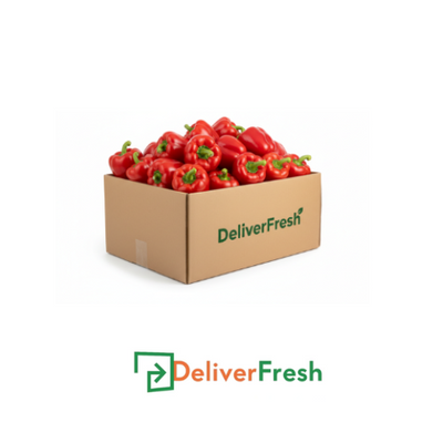 Box of red capsicums with 'DeliverFresh'