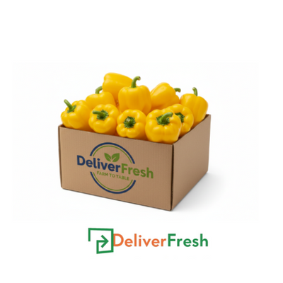 Box of yellow capsicums with 'DeliverFresh'