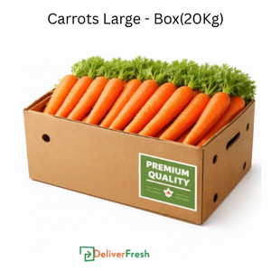 Box of carrots with 'Fresh & Crunchy' and 'Premium Quality' labels, and 'Deliver Fresh'