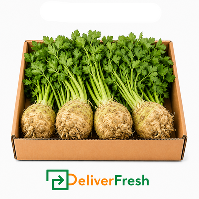 Box of celeriac with green tops, labeled 'Celeriac - (1Bunch)' and 'DeliverFresh'