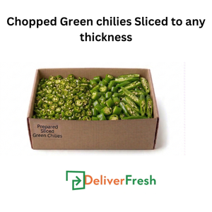 Box of chopped green chilies with 'Deliver Fresh'
