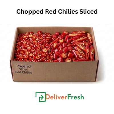 Box of chopped red chilies sliced with 'Deliver Fresh'