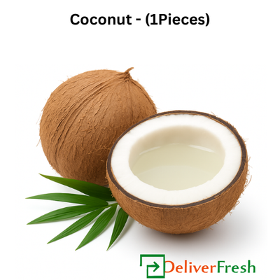 Coconut with a half-cut revealing white flesh, green leaf, and 'DeliverFresh'