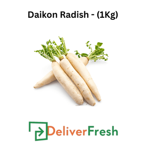 Daikon radishes with green tops on a DeliverFresh