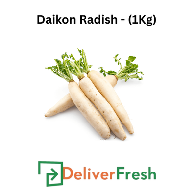 Daikon radishes with green tops on a DeliverFresh