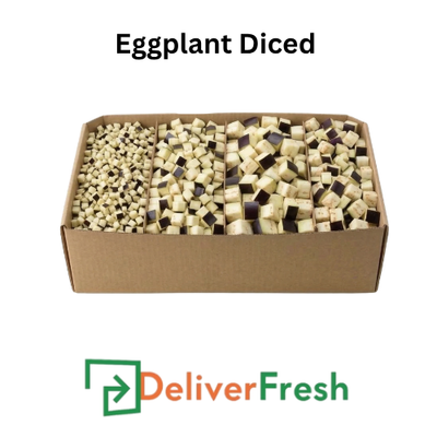 Box of diced eggplant with 'Deliver Fresh'