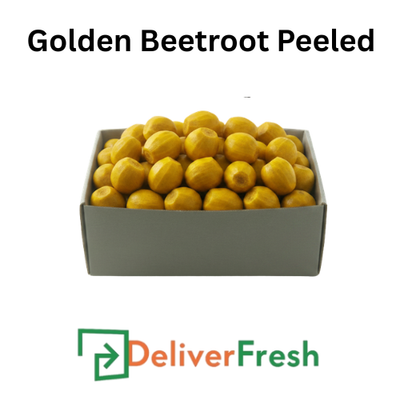 Box of peeled golden beetroots with 'Deliver Fresh'
