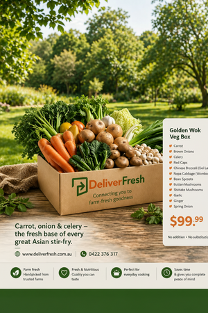 DeliverFresh Golden Wok Veg Box with fresh vegetables on a wooden table outdoors.