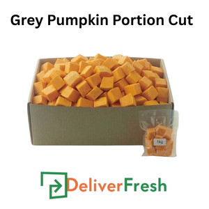 Box of portion-cut grey pumpkin with 'Deliver Fresh'