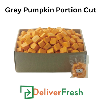 Box of portion-cut grey pumpkin with 'Deliver Fresh'