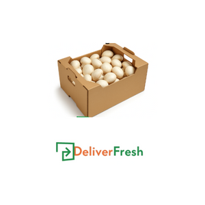Cardboard box of mushrooms with 'Deliver Fresh'