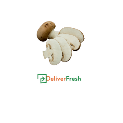 Sliced mushrooms in a box with 'Deliver Fresh'