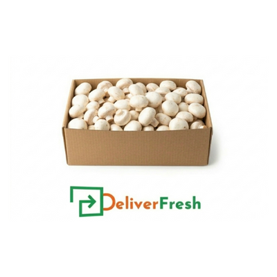 Box of whole mushrooms with 'Deliver Fresh'