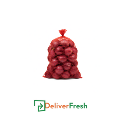 Bag of red onions with 'Deliver Fresh'