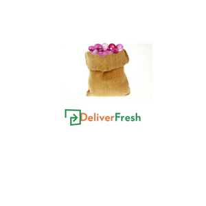 Burlap bag with pink grapes labeled 'Onion Red Peeled - Bag (10kg)' by DeliverFresh
