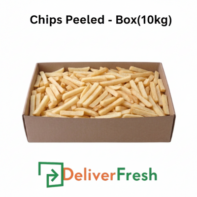 Box of peeled chips with 'Deliver Fresh'
