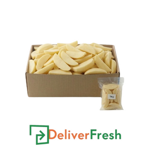 Box of hand-cut peeled potato wedges with a smaller bag of wedges and 'Deliver Fresh'