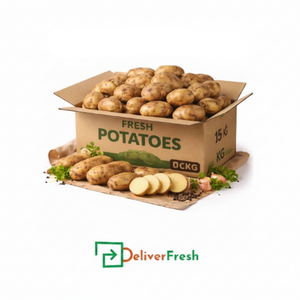 Box of Russet potatoes with 'Fresh Potatoes' branding and 'Deliver Fresh'