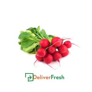 Bunch of red radishes with green leaves on a white background, labeled 'Radish Red - Box (25 bunches)' and featuring the DeliverFresh