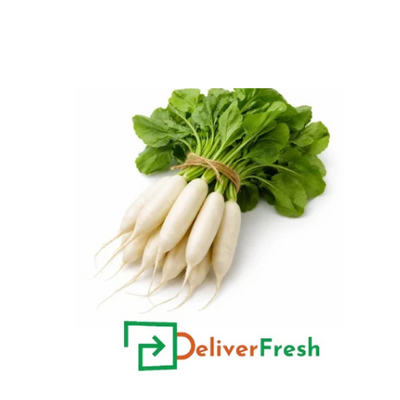 Bunch of white radishes with green leaves with DeliverFresh.