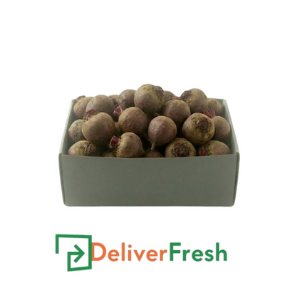 Box of red whole beetroots with 'Deliver Fresh'