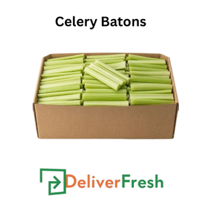 Box of celery batons with 'Deliver Fresh'