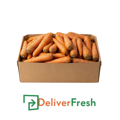 Box of whole unpeeled carrots with DeliverFresh