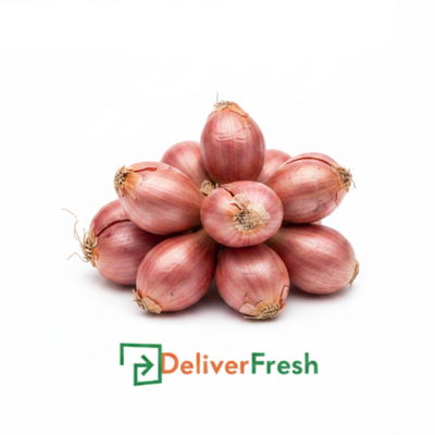 Shallot with green top on a white background, branded with DeliverFresh.