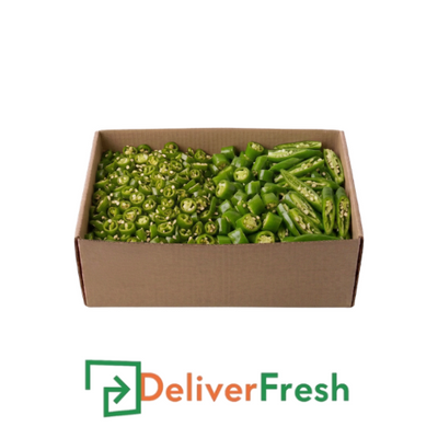 Box of shredded green chilies with 'Deliver Fresh'
