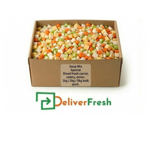 Box of soup mix vegetables with 'Deliver Fresh'