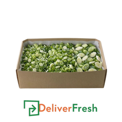 Box of sliced spring onions with 'Deliver Fresh'