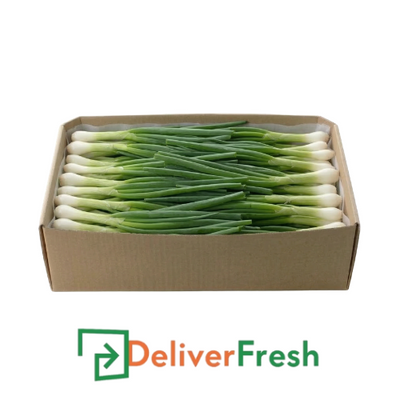 Box of spring onions labeled 'Spring Onion Tailed & Washed' with Deliver Fresh