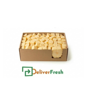 Box of portion-cut swedes with 'Deliver Fresh'