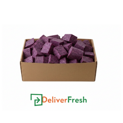 Box of purple sweet potato portions with 'Deliver Fresh'