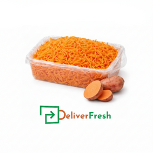 Container of grated sweet potato with 'Deliver Fresh'