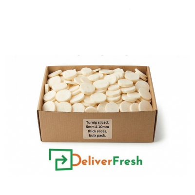 Box of sliced turnips with 'Deliver Fresh'