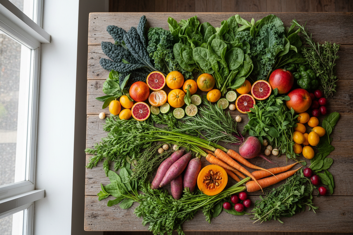 Seasonal Australian fruits and vegetables flat-lay