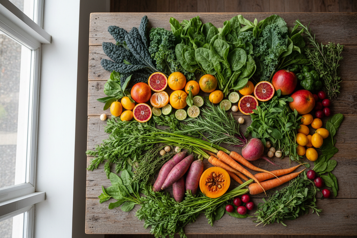 Seasonal Australian fruits and vegetables flat-lay