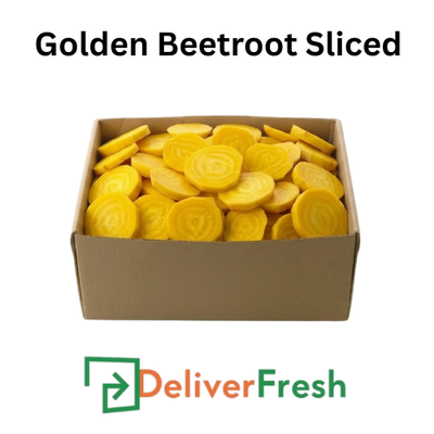 Box of sliced golden beetroots with 'Deliver Fresh' 