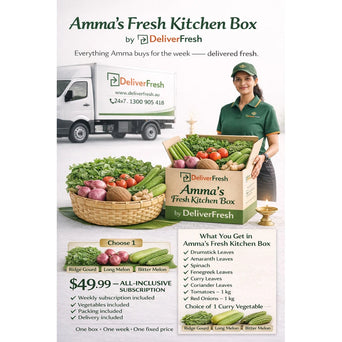 Amma’s Fresh Kitchen Box by DeliverFresh with fresh Indian vegetables and leafy greens delivered weekly in Melbourne