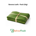 Pack of banana leaves tied with a rubber band on a white background, branded with DeliverFresh.