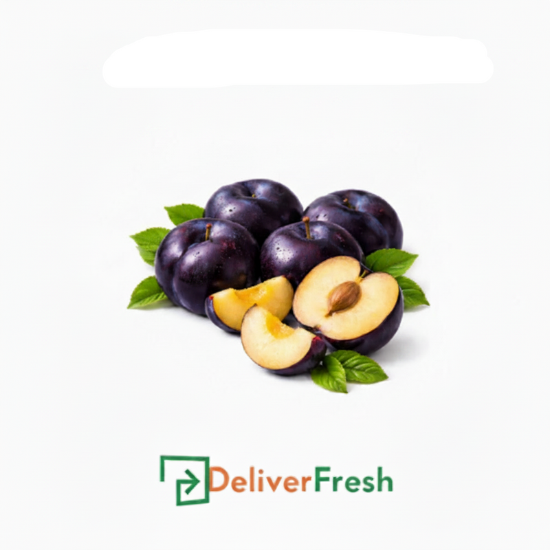 Black plums with a half-cut plum on a DeliverFresh.