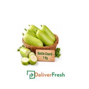 Bottle gourds in a basket with a 'Deliver Fresh'