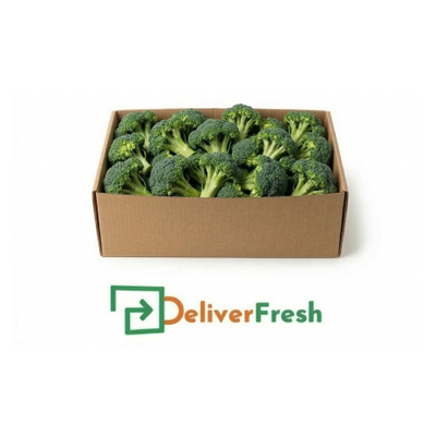 Box of broccoli florets chunky cut with 'Deliver Fresh' 